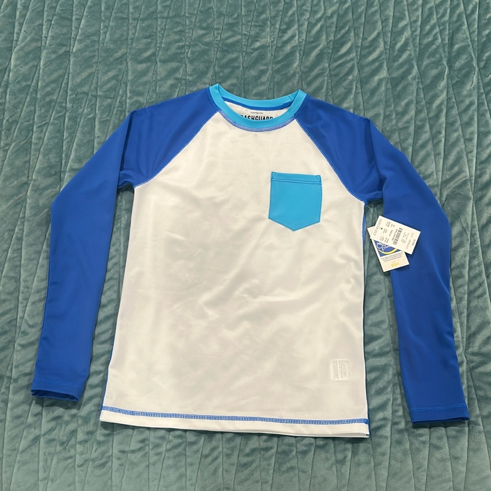 NWT Crewcuts Boys M Medium Kids' long-sleeve rash guard UPF 50+ with pocket